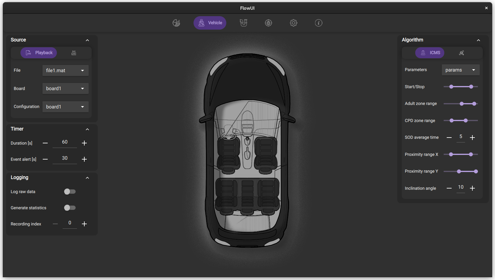 Graphical user interface for an automotive in-cabin monitoring product developed by NOVELIC and Infineon.